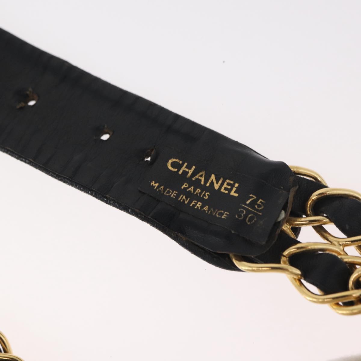 CHANEL Chain Belt Leather 29.5"" Black CC Auth bs35077