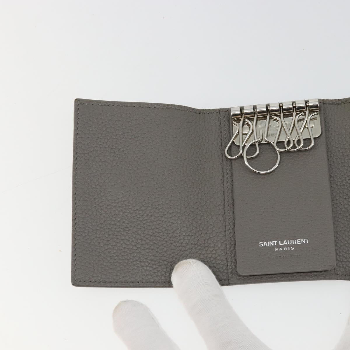 SAINT LAURENT Key Case Leather Gray Silver Auth bs35102