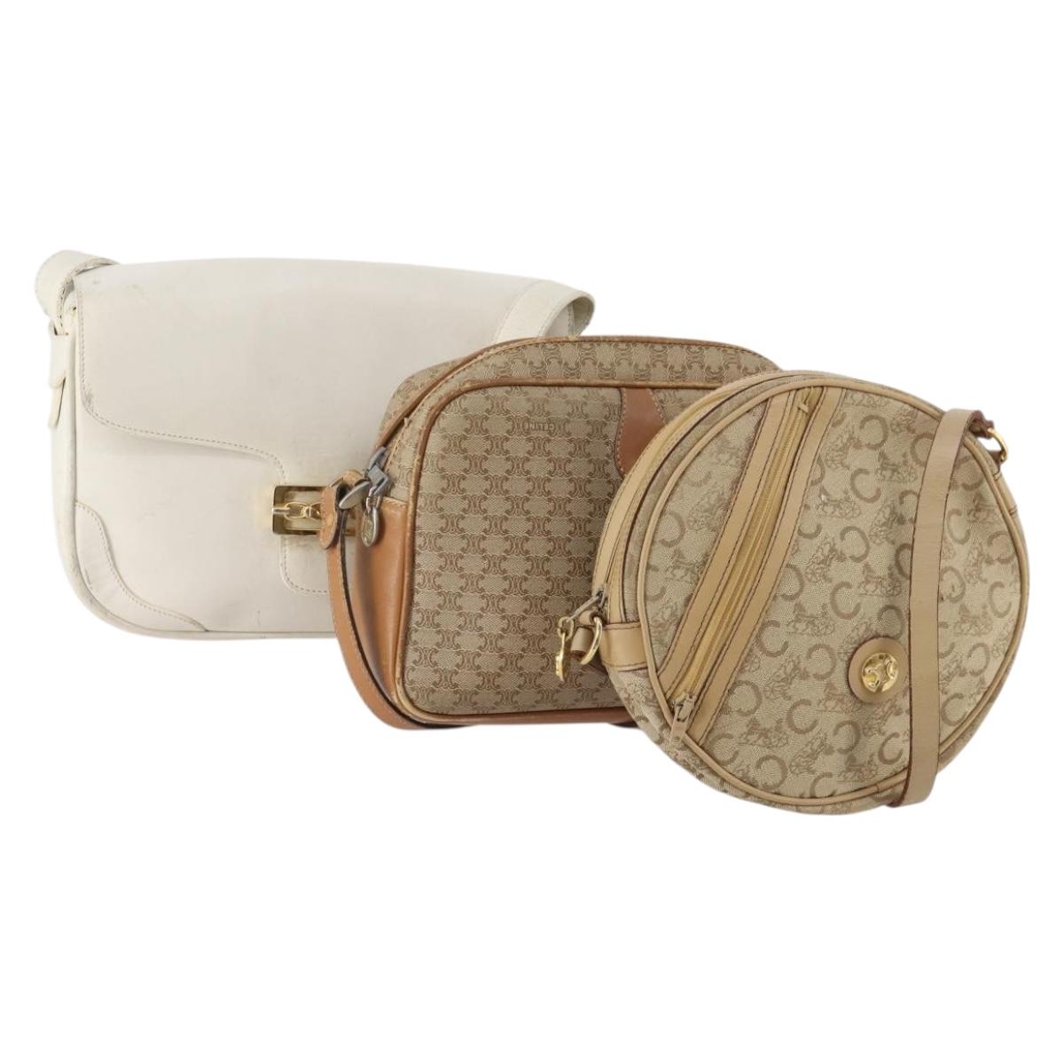 CELINE Macadam Canvas C Sulky Bag PVC Leather 3 Set Beige White Auth bs35108