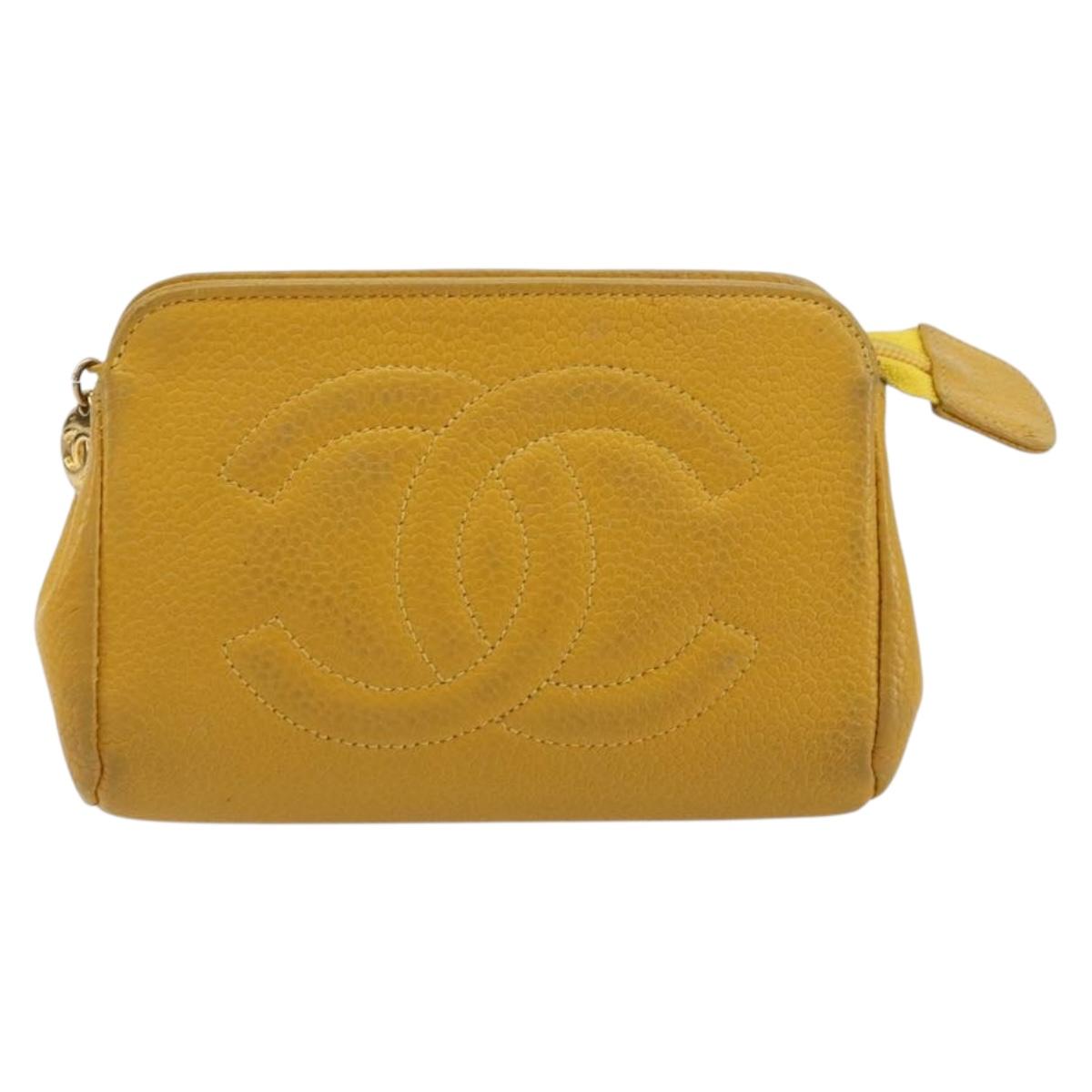 CHANEL Pouch Caviar Skin Yellow Gold CC Auth bs35112