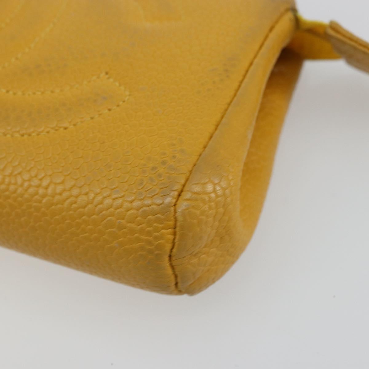 CHANEL Pouch Caviar Skin Yellow Gold CC Auth bs35112