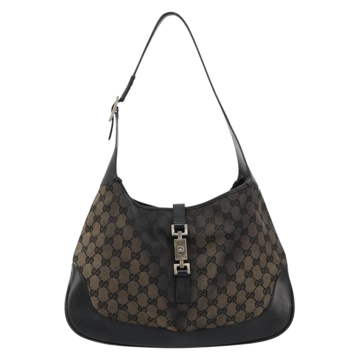 GUCCI GG Canvas Jackie Shoulder Bag Black Silver 001-3346 Auth bs35137