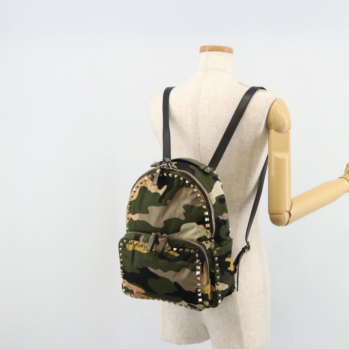 VALENTINO Studs Camouflage Backpack Nylon Khaki Gold Auth bs35140