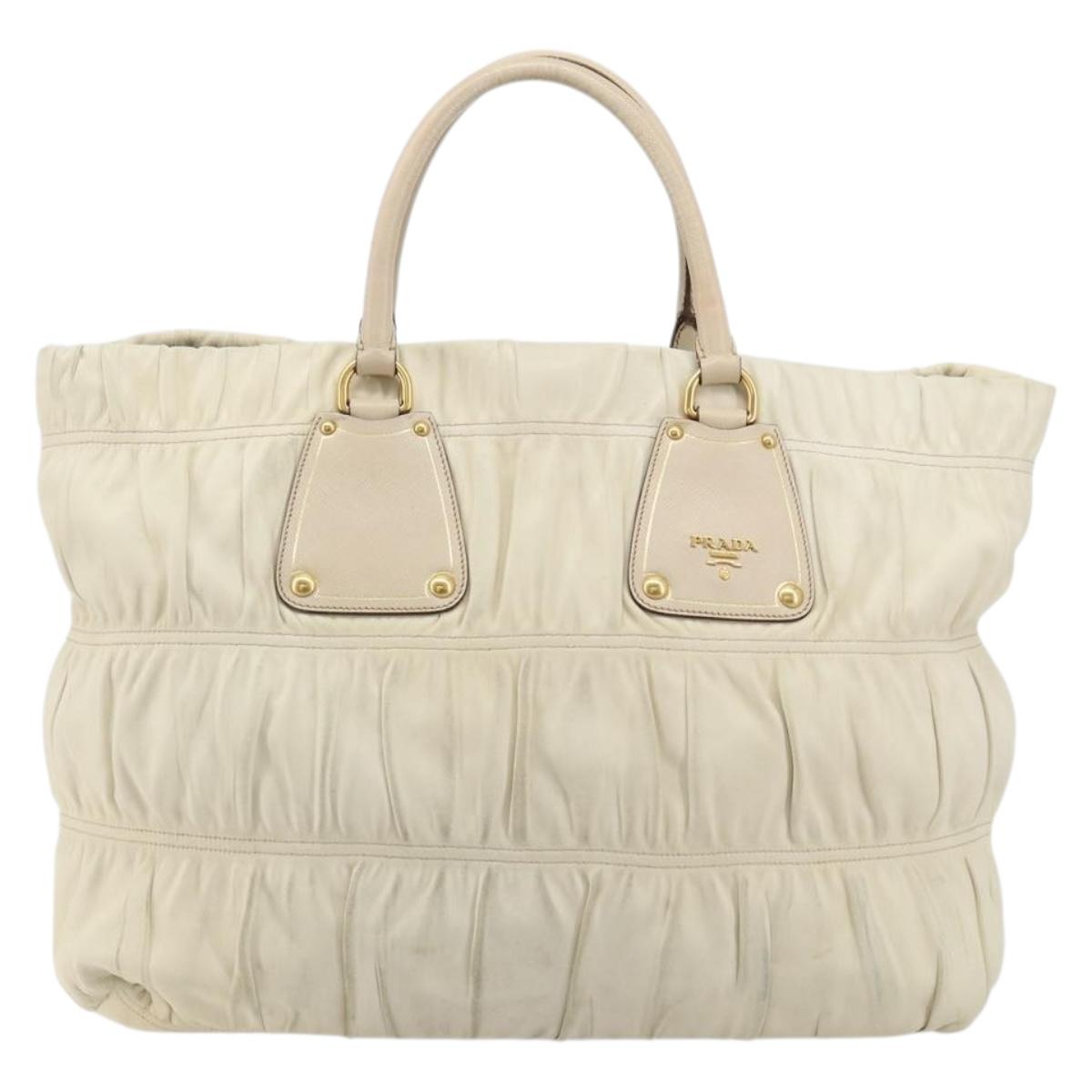 PRADA Hand Bag Leather Ivory Gold Auth bs35142