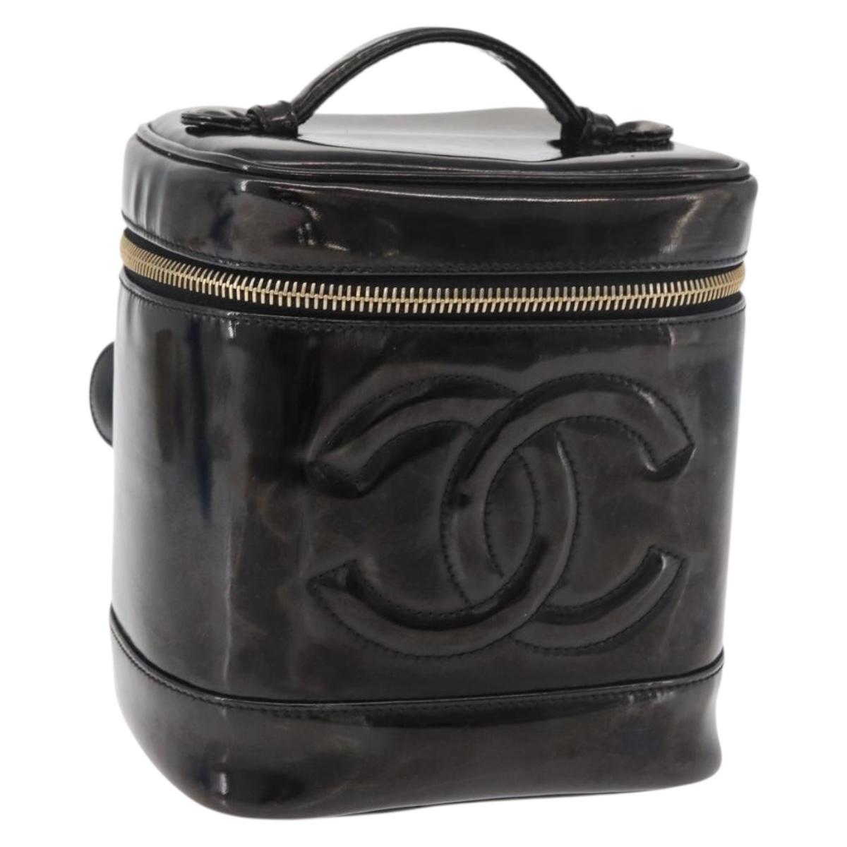 CHANEL Vanity Hand Bag Patent leather Black Gold CC Auth bs35169