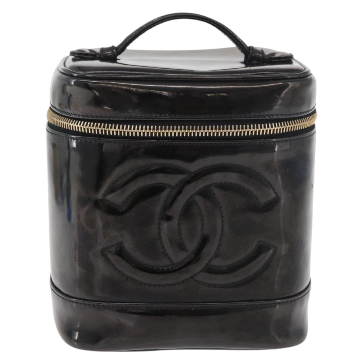 CHANEL Vanity Hand Bag Patent leather Black Gold CC Auth bs35169