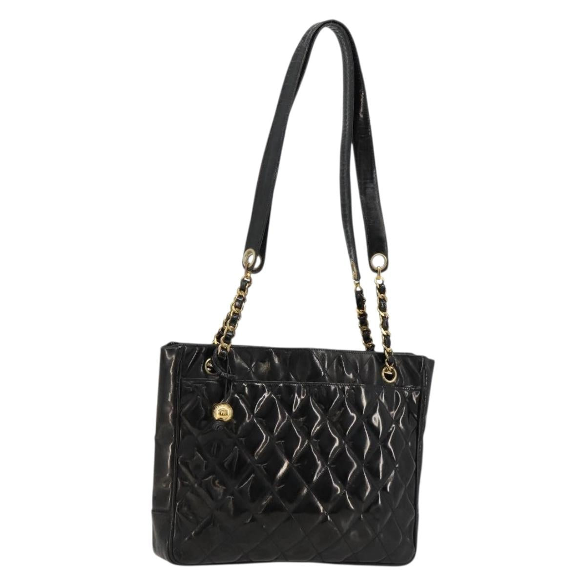 CHANEL Matelasse Chain Tote Bag Patent Leather Black Gold CC Auth bs35172