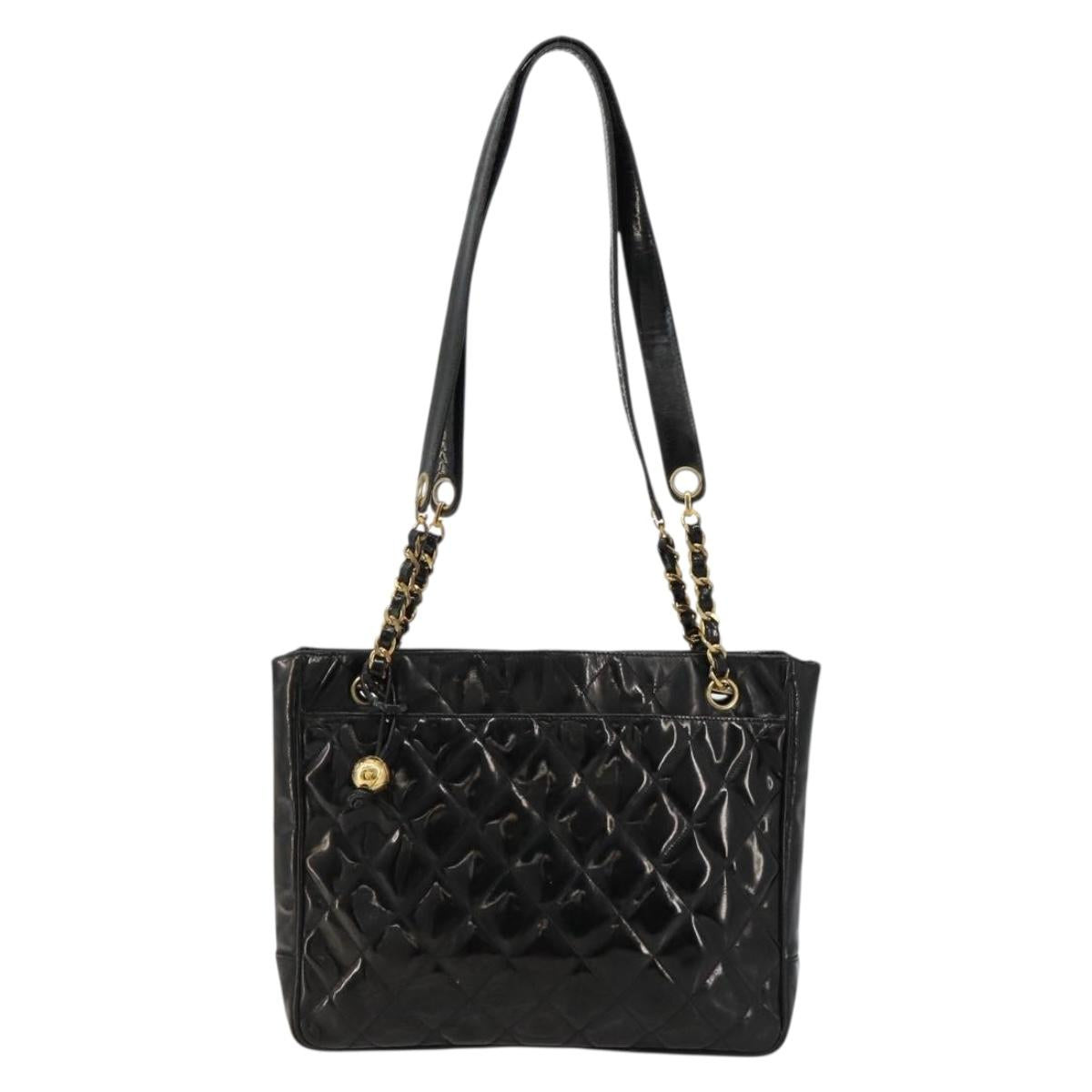 CHANEL Matelasse Chain Tote Bag Patent Leather Black Gold CC Auth bs35172