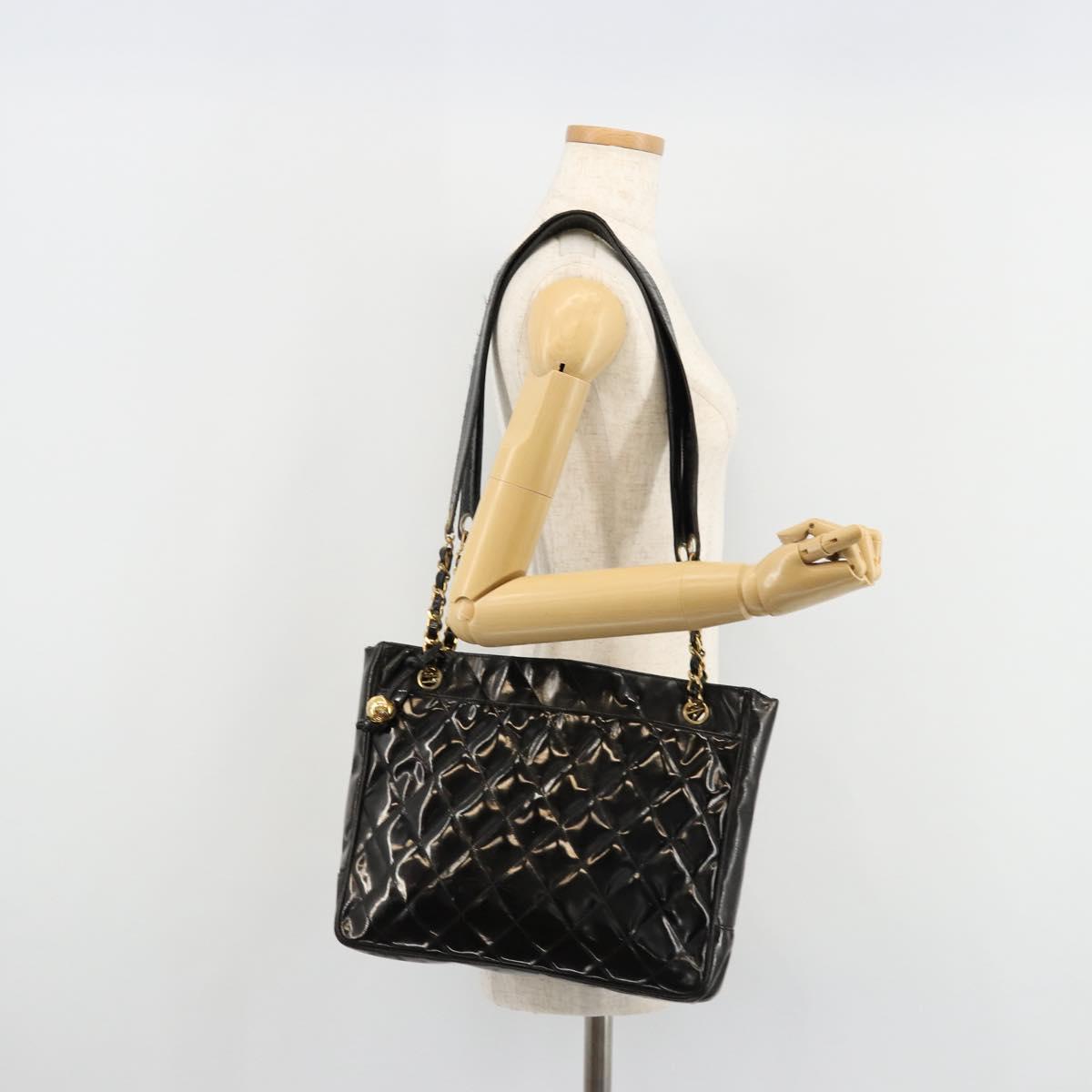 CHANEL Matelasse Chain Tote Bag Patent Leather Black Gold CC Auth bs35172
