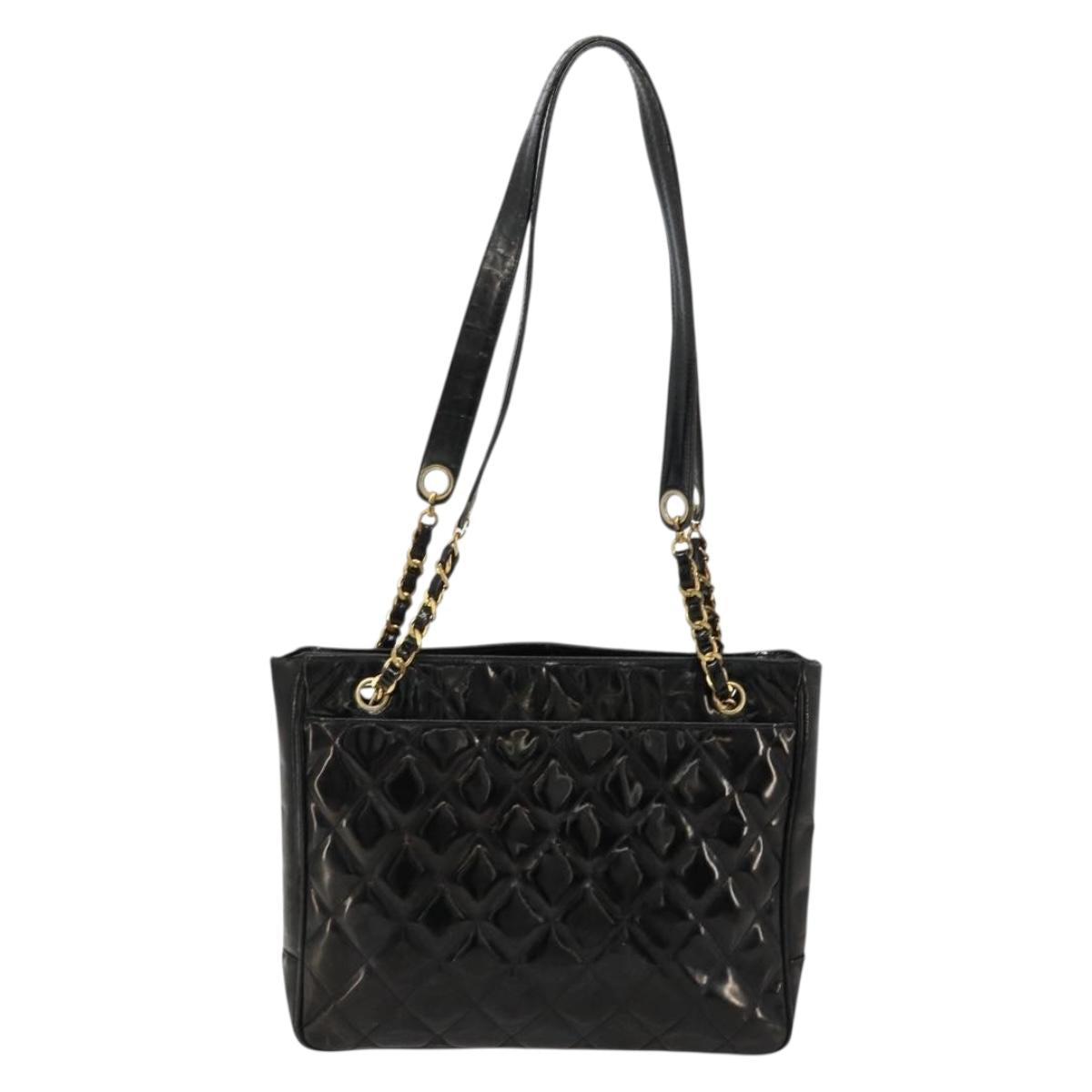 CHANEL Matelasse Chain Tote Bag Patent Leather Black Gold CC Auth bs35172