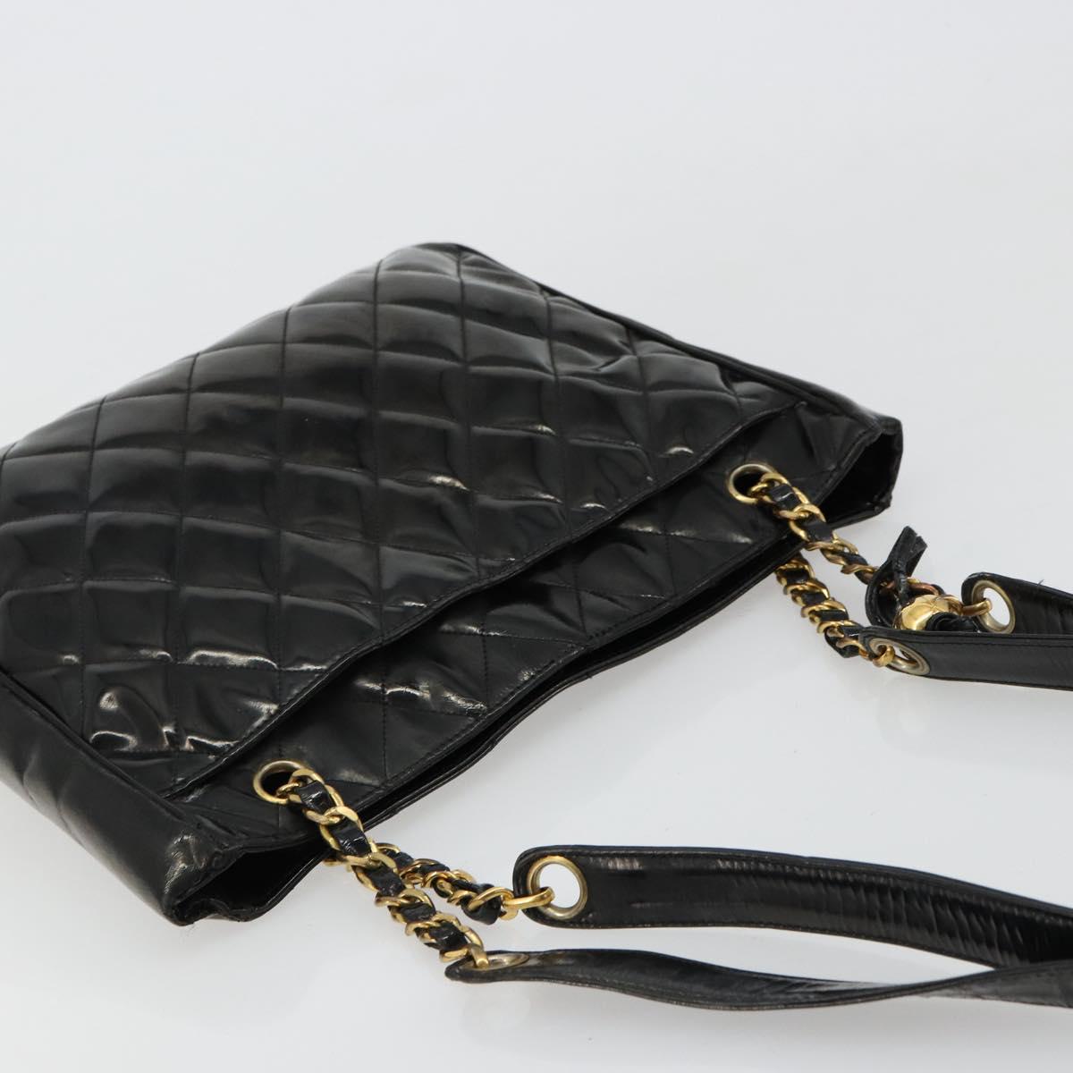 CHANEL Matelasse Chain Tote Bag Patent Leather Black Gold CC Auth bs35172