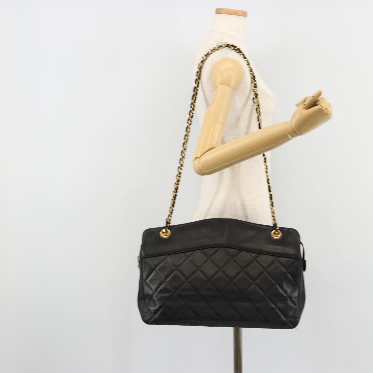 CHANEL Matelasse Chain Shoulder Bag Lamb Skin Black Gold CC Auth bs35173