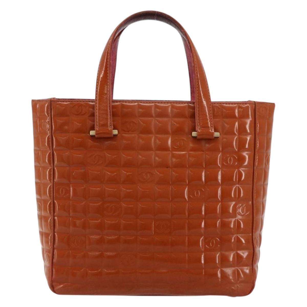 CHANEL Choco Bar Hand Bag Patent leather Orange Gold CC Auth bs35178