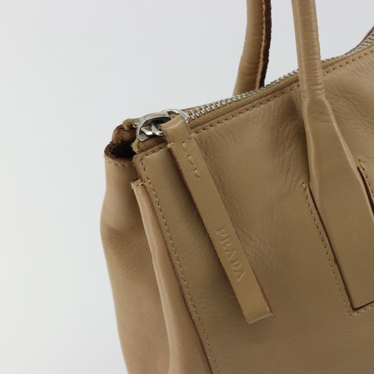 PRADA Tote Bag Leather Beige Silver Auth bs35191