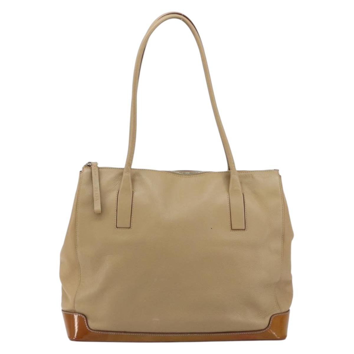 PRADA Tote Bag Leather Beige Silver Auth bs35191