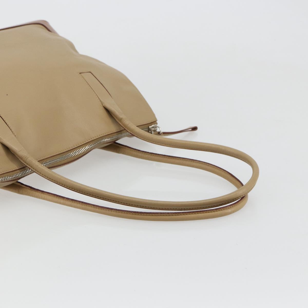 PRADA Tote Bag Leather Beige Silver Auth bs35191