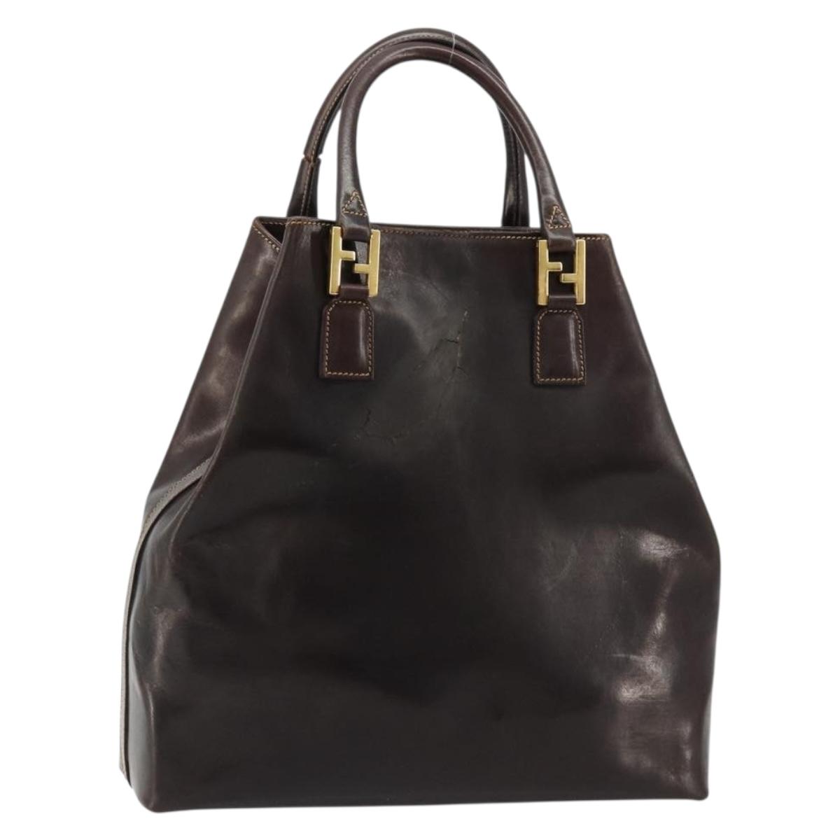 FENDI Hand Bag Leather Brown Gold Auth bs35193