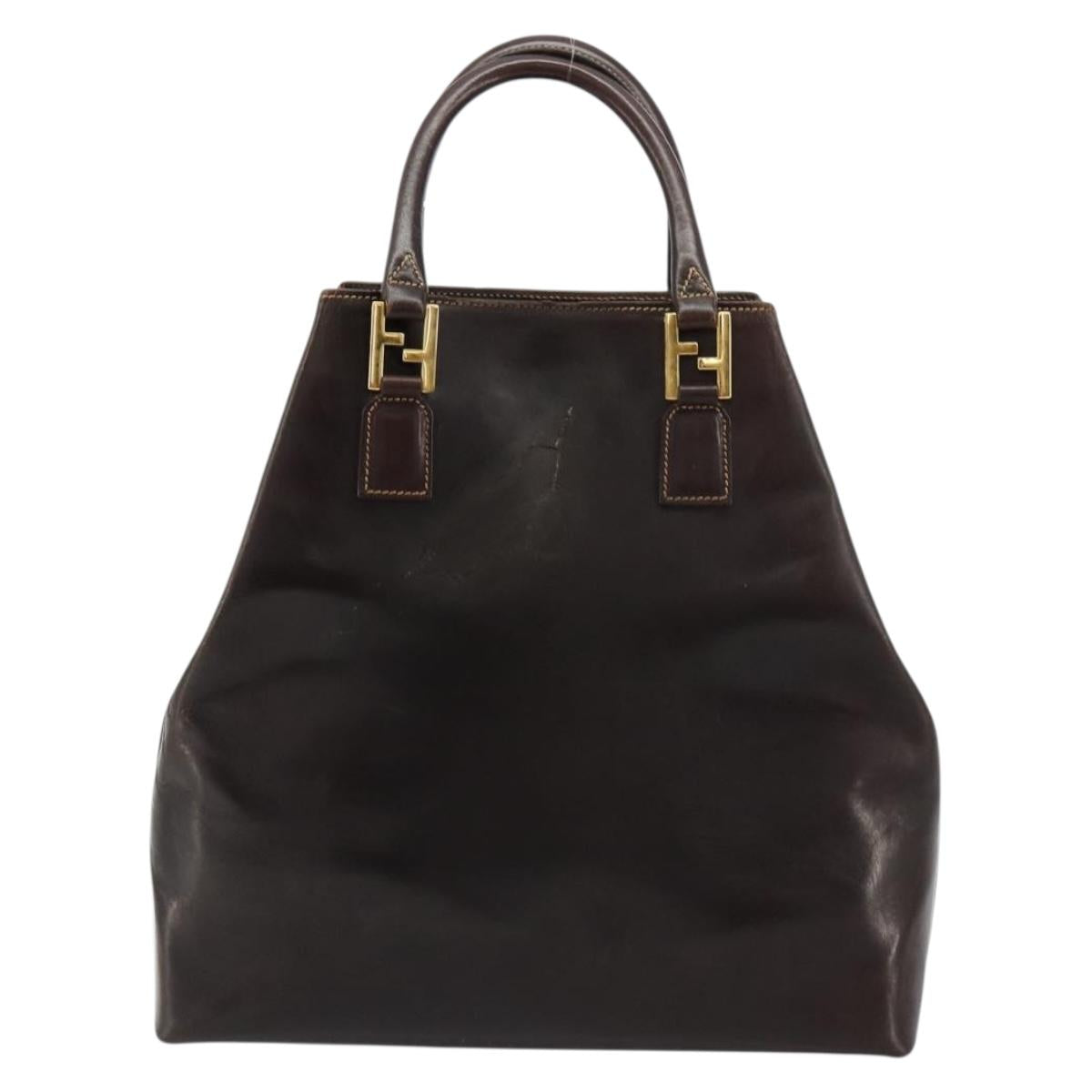 FENDI Hand Bag Leather Brown Gold Auth bs35193