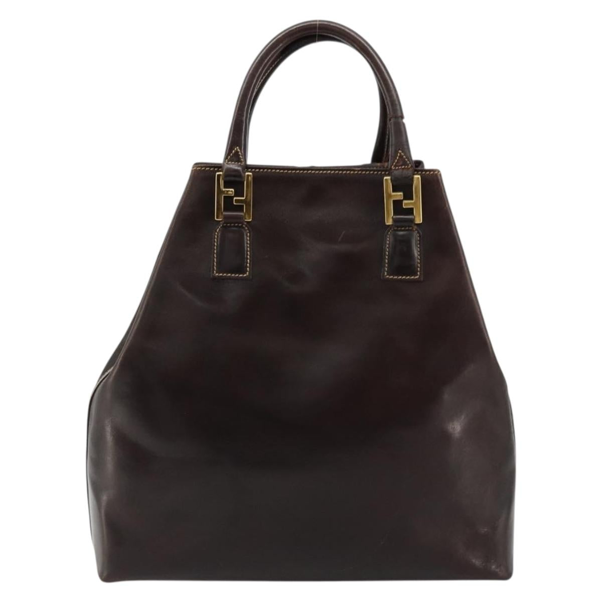 FENDI Hand Bag Leather Brown Gold Auth bs35193