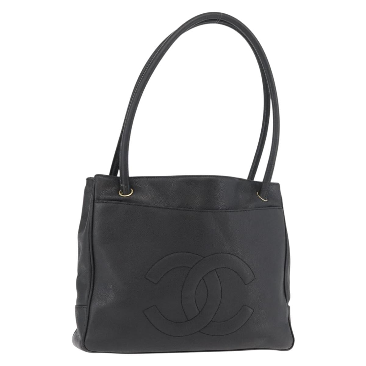 CHANEL Tote Bag Caviar Skin Black Gold CC Auth bs35194