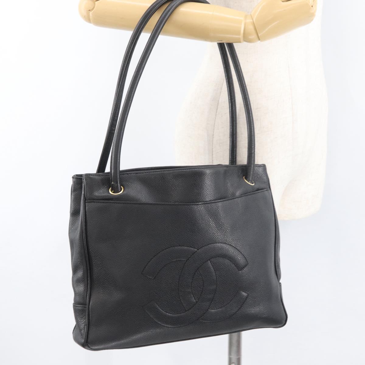 CHANEL Tote Bag Caviar Skin Black Gold CC Auth bs35194