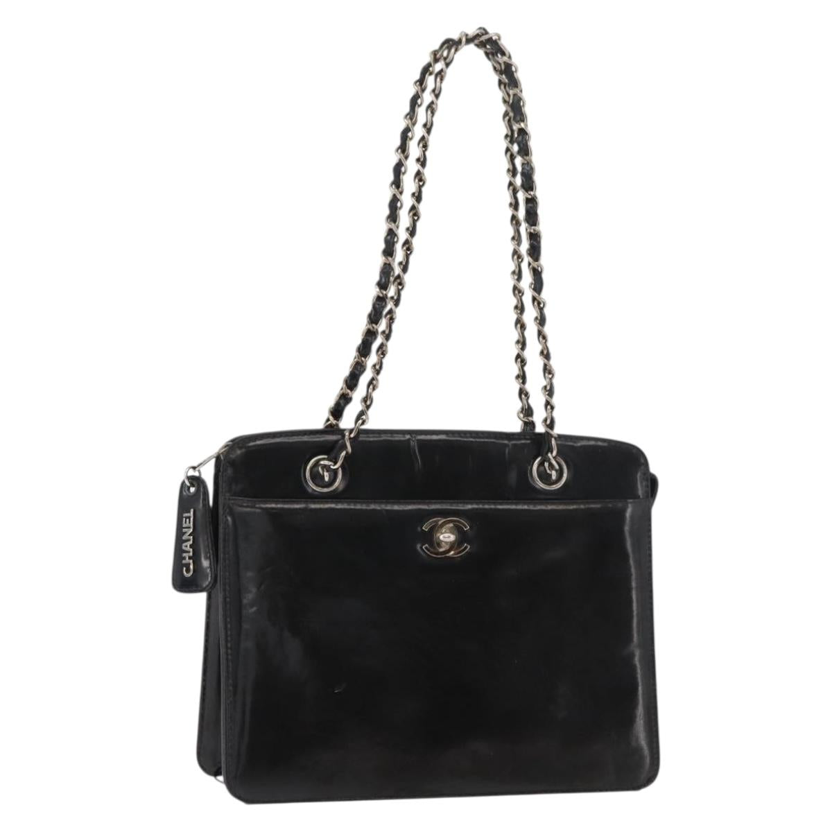 CHANEL Matelasse Chain Hand Bag Patent leather Black Silver CC Auth bs35206