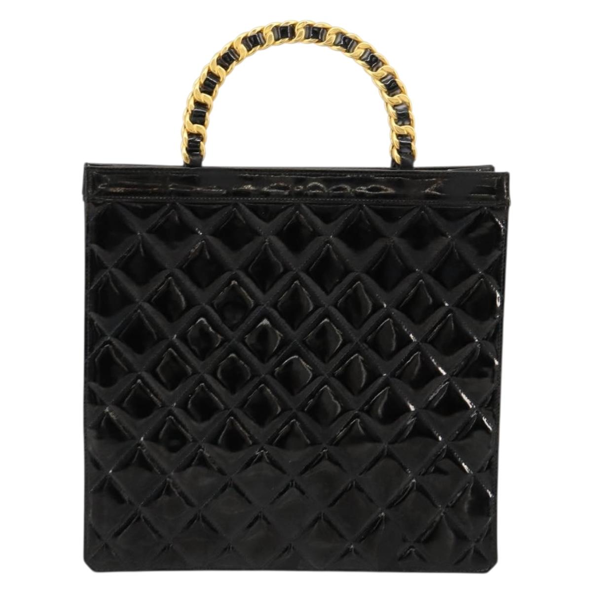 CHANEL Matelasse Chain Tote Bag Patent leather Black Gold CC Auth bs35207