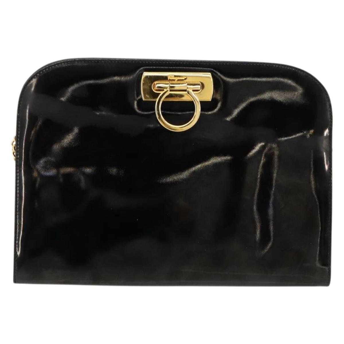 Salvatore Ferragamo Gancini Chain Bag Patent leather Black Gold Auth bs35209