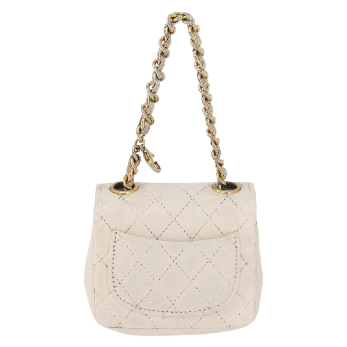 CHANEL Mini Mini Matelasse Chain Pouch Lamb Skin White Gold CC Auth bs35212