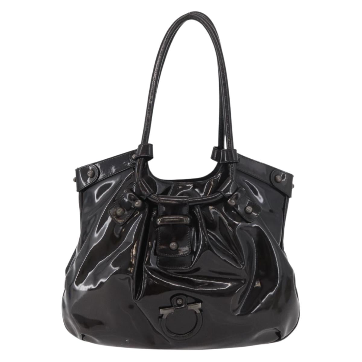 Salvatore Ferragamo Gancini Hand Bag Patent leather Dark Brown Auth bs35239