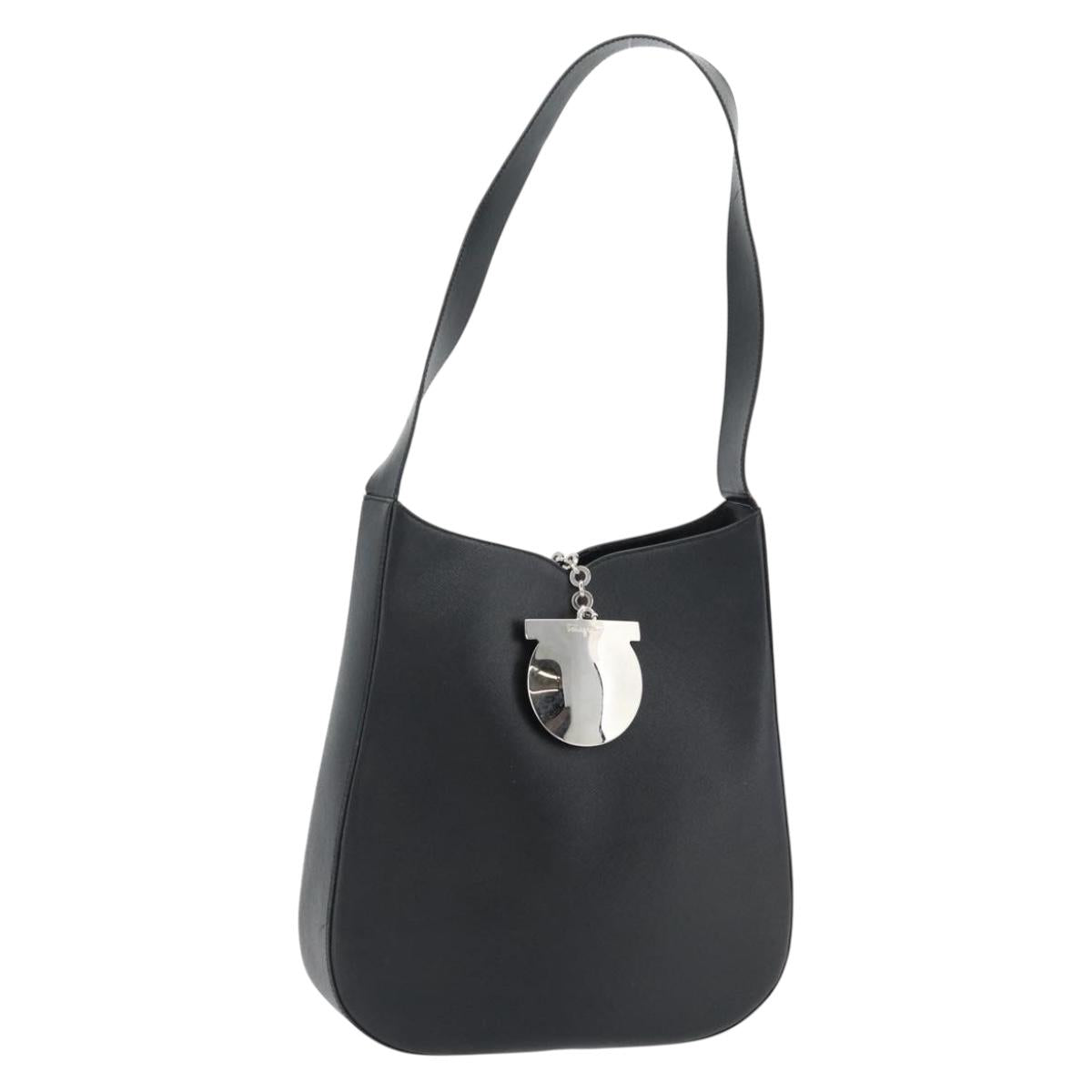 Salvatore Ferragamo Gancini Shoulder Bag Leather Black Silver Auth bs35252