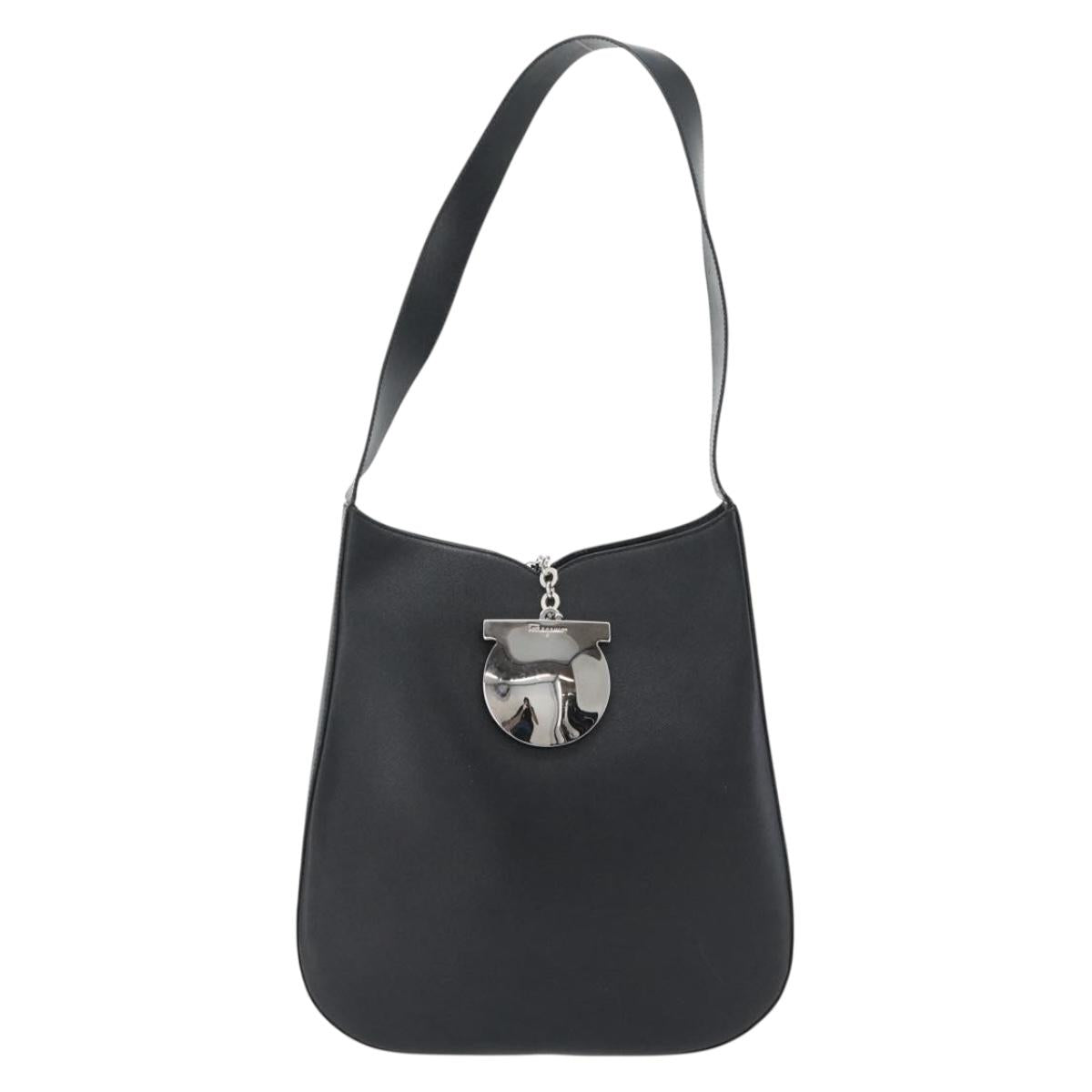 Salvatore Ferragamo Gancini Shoulder Bag Leather Black Silver Auth bs35252