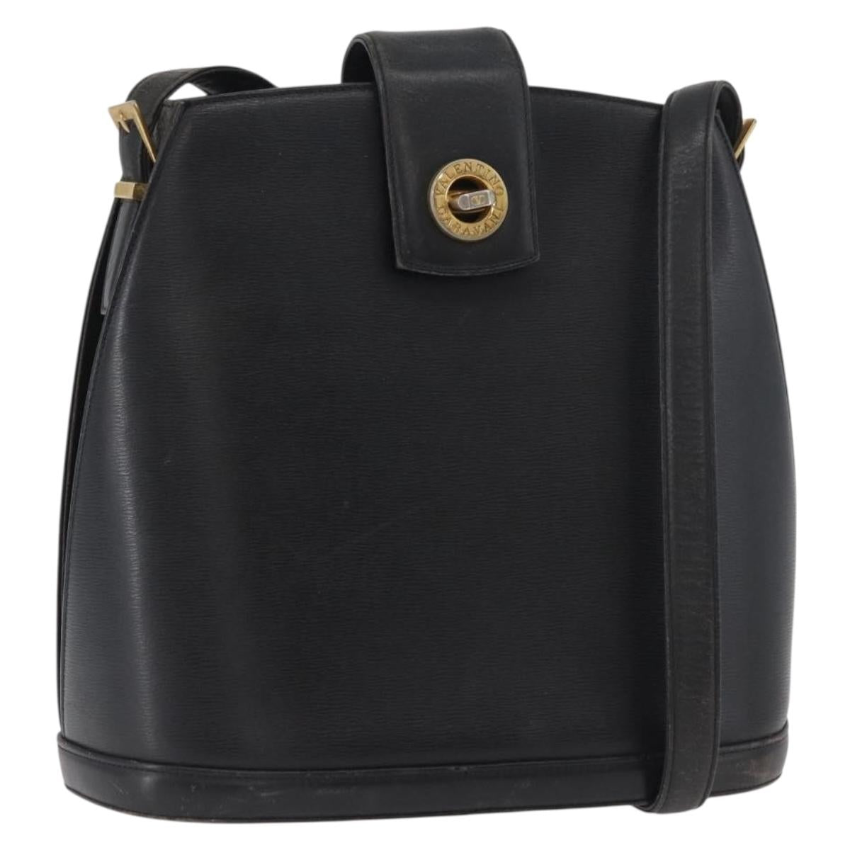 VALENTINO Shoulder Bag Leather Black Gold Auth bs35258