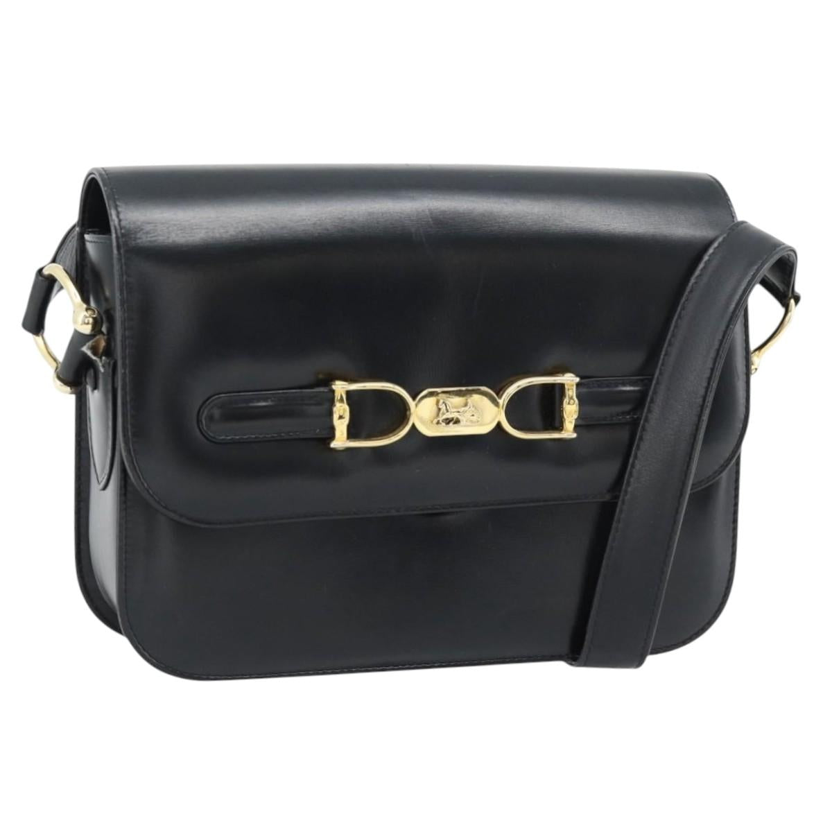 CELINE Horse Carriage Shoulder Bag Leather Black Gold Auth bs35269