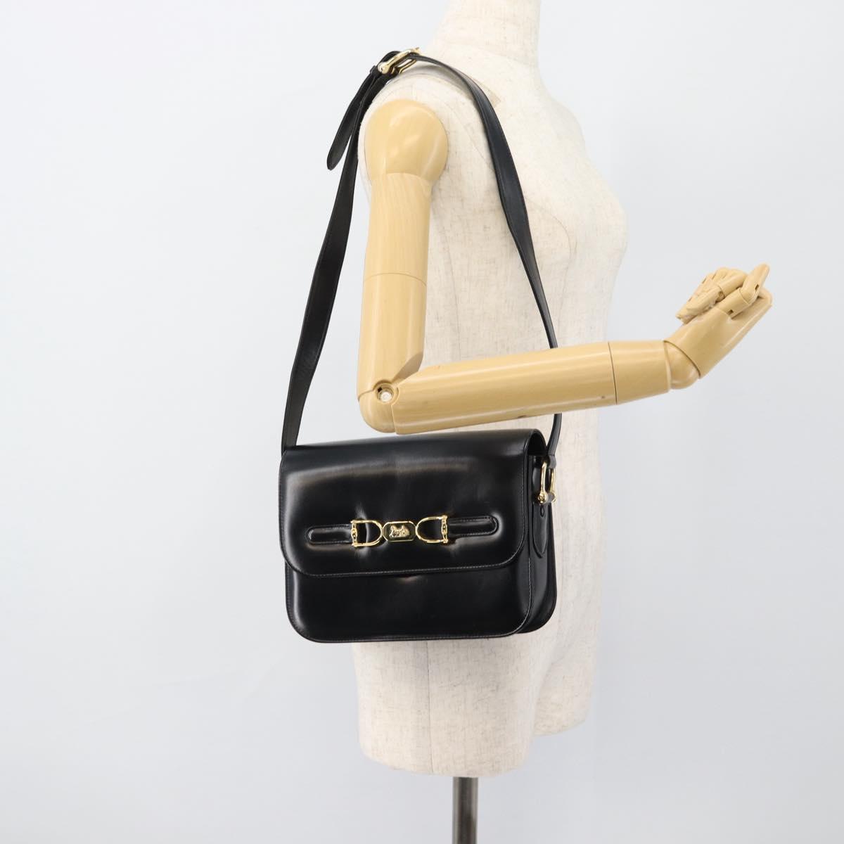 CELINE Horse Carriage Shoulder Bag Leather Black Gold Auth bs35269