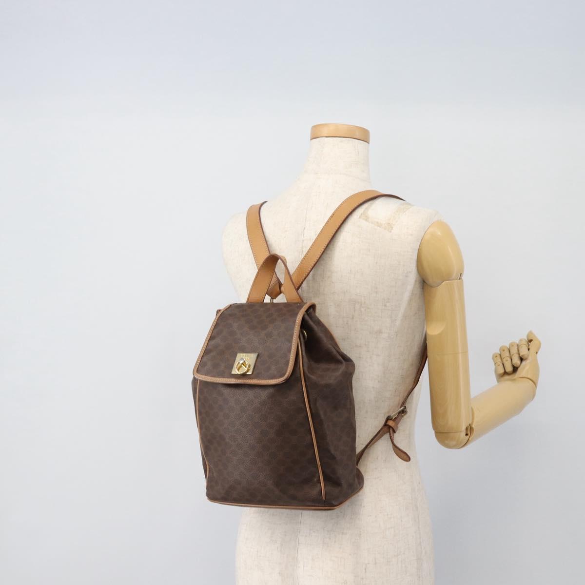 CELINE Macadam Canvas Backpack PVC Leather Brown Gold Auth bs35270