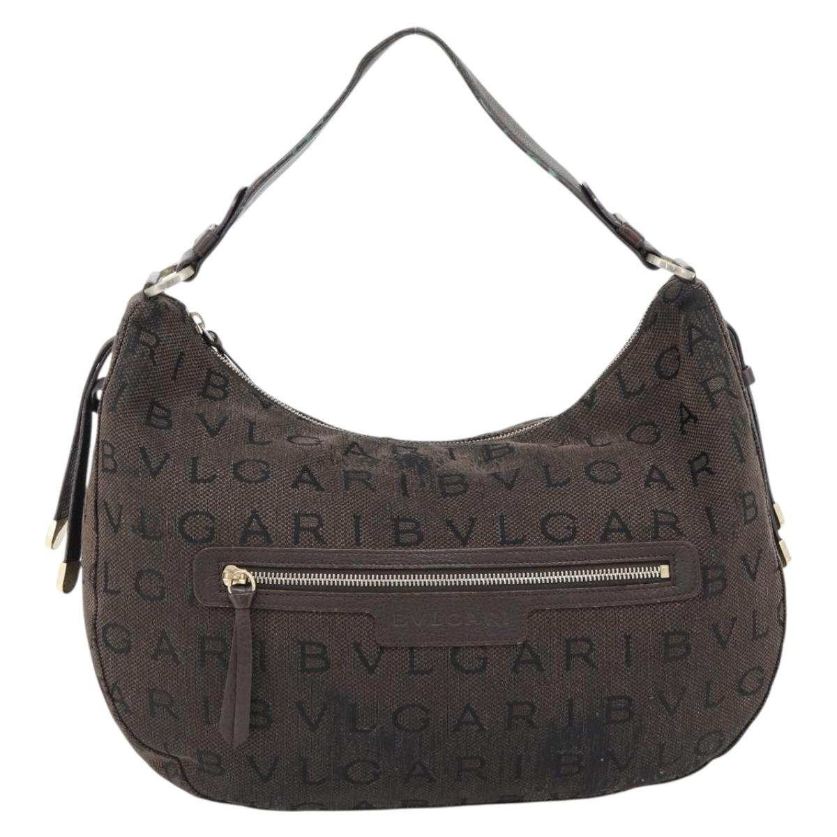 BVLGARI Logo Mania Shoulder Bag Canvas Brown Gold Auth bs35281