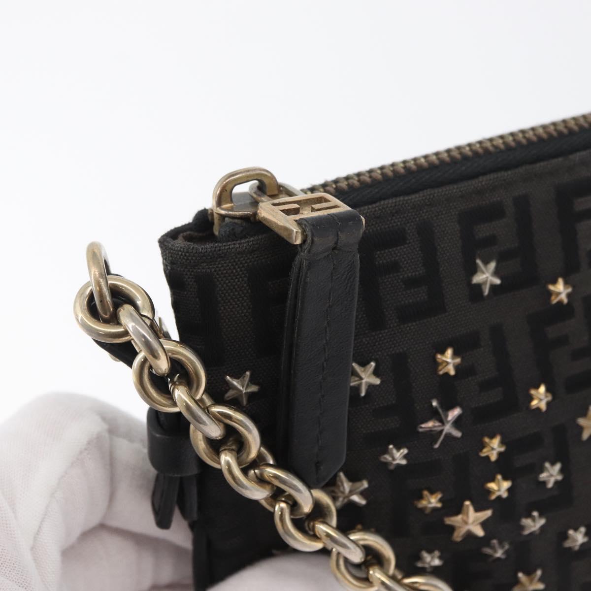 FENDI Zucchino Canvas Chain Shoulder Bag Black Gold Auth bs35294A