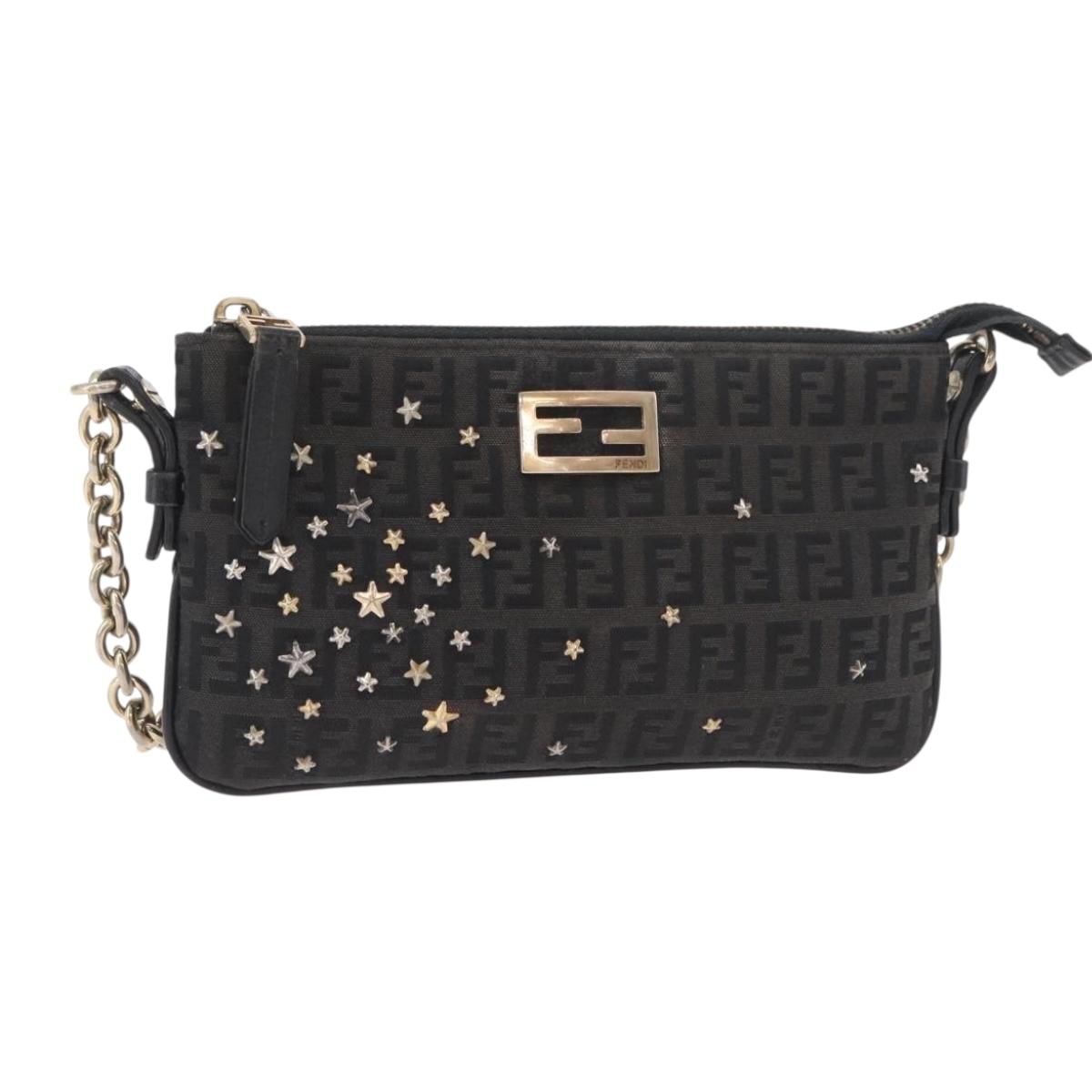 FENDI Zucchino Canvas Chain Shoulder Bag Black Gold Auth bs35294A
