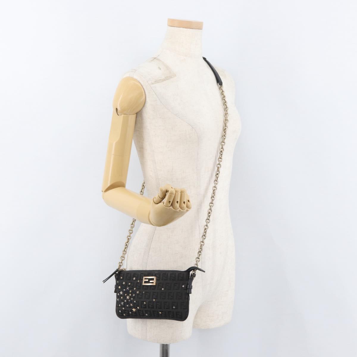 FENDI Zucchino Canvas Chain Shoulder Bag Black Gold Auth bs35294A