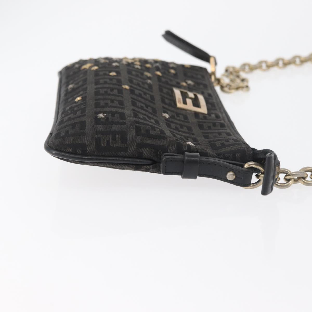 FENDI Zucchino Canvas Chain Shoulder Bag Black Gold Auth bs35294A