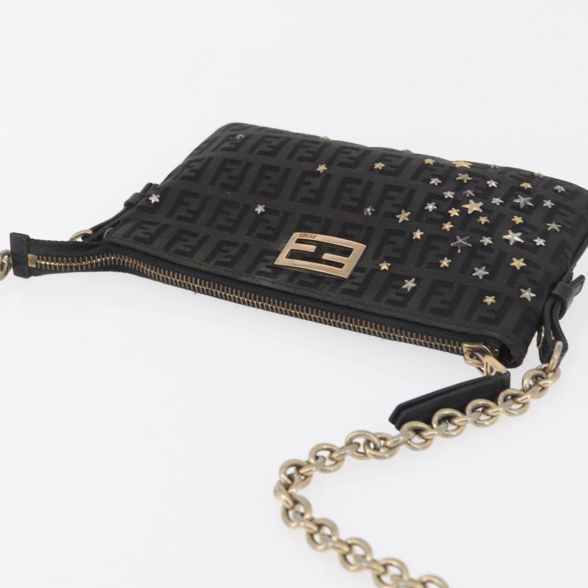 FENDI Zucchino Canvas Chain Shoulder Bag Black Gold Auth bs35294A