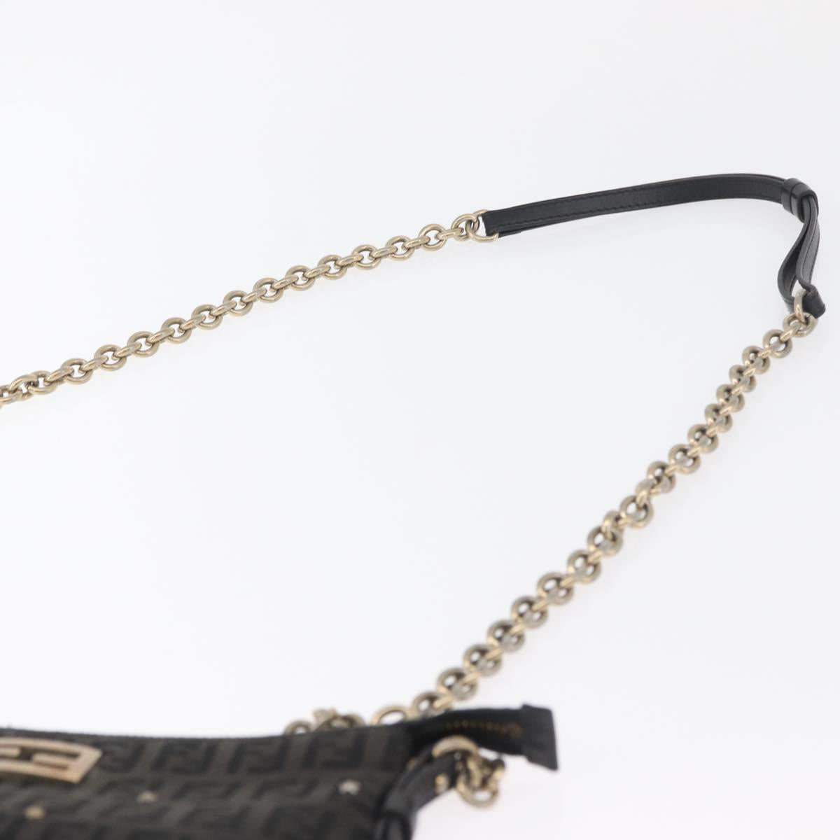 FENDI Zucchino Canvas Chain Shoulder Bag Black Gold Auth bs35294A