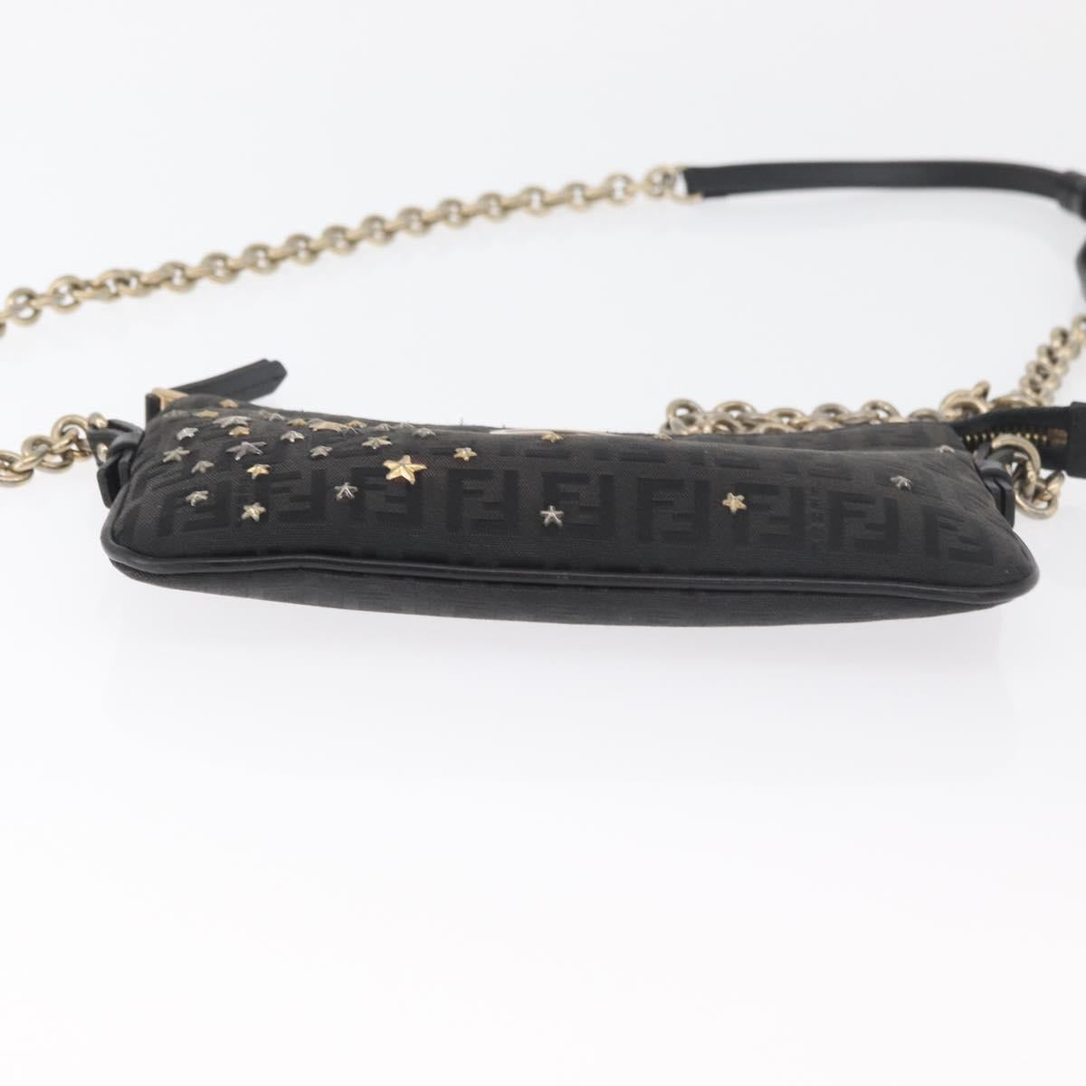 FENDI Zucchino Canvas Chain Shoulder Bag Black Gold Auth bs35294A