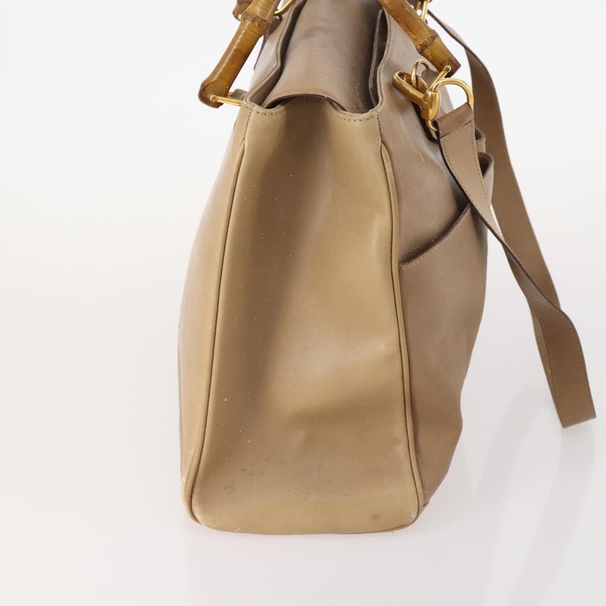 GUCCI Bamboo Hand Bag Leather 2way Beige Gold Auth bs35299