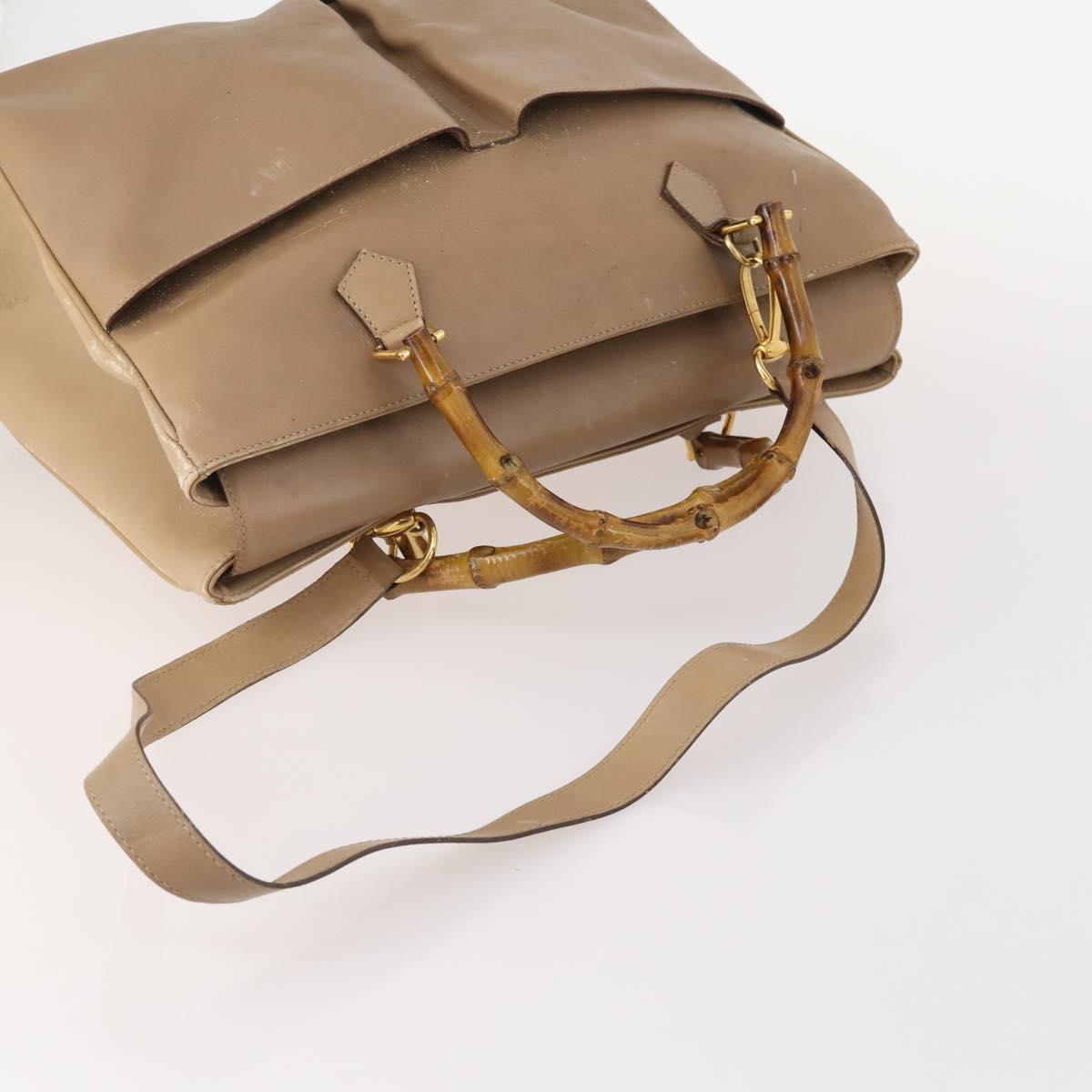 GUCCI Bamboo Hand Bag Leather 2way Beige Gold Auth bs35299
