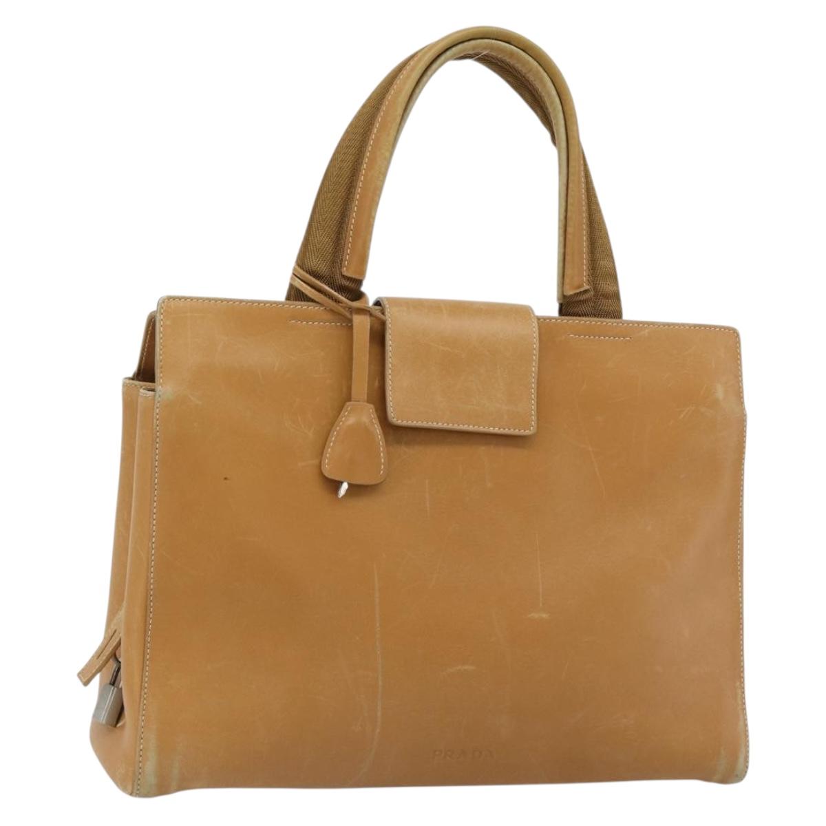 PRADA Tote Bag Leather Beige Silver Auth bs35304