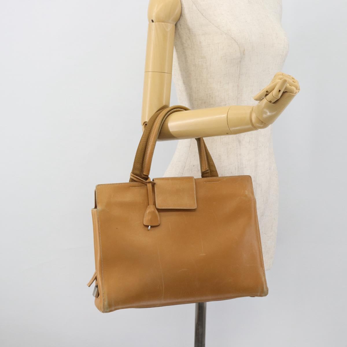 PRADA Tote Bag Leather Beige Silver Auth bs35304