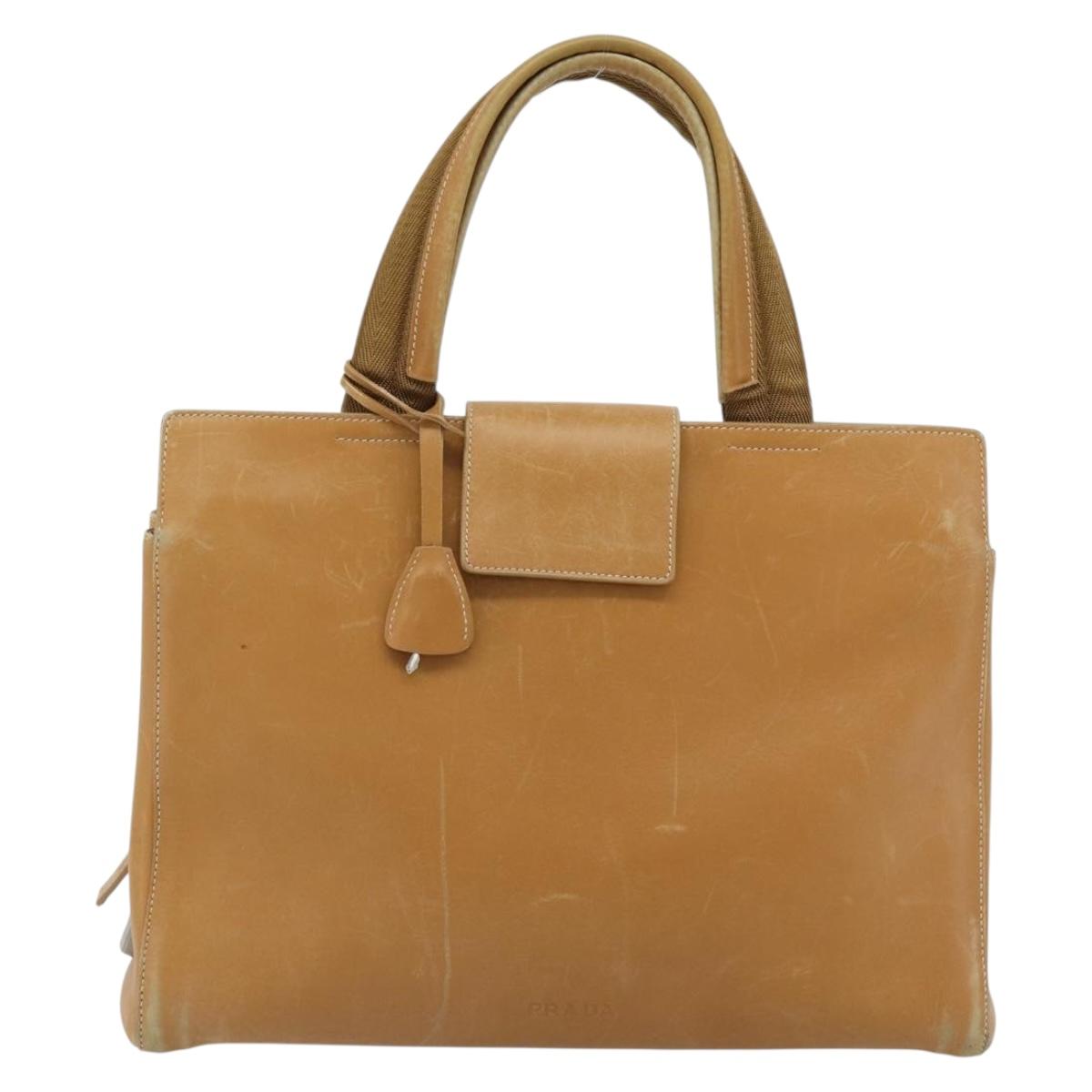PRADA Tote Bag Leather Beige Silver Auth bs35304