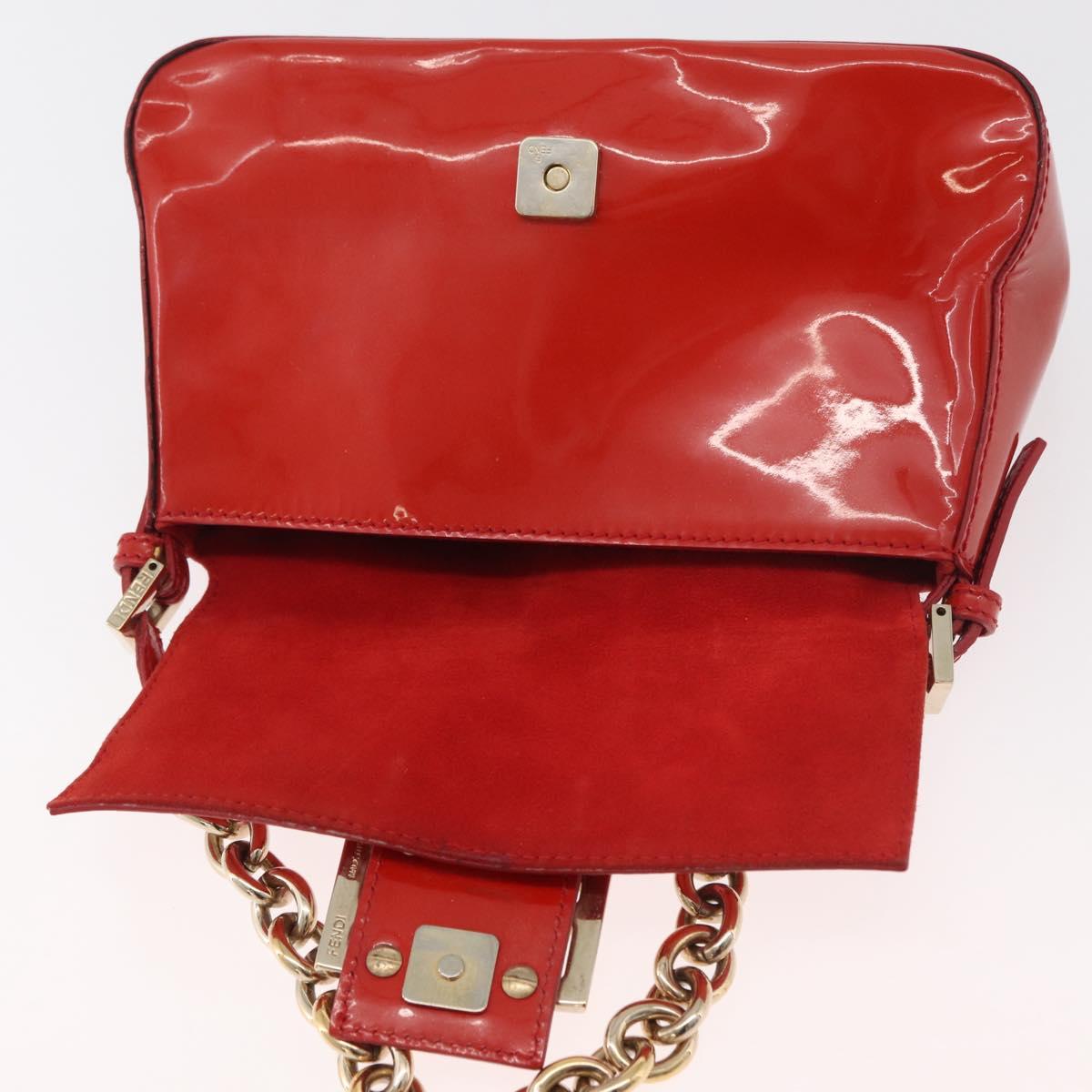FENDI Mamma Baguette Chain Shoulder Bag Patent leather Red Gold Auth bs35306A